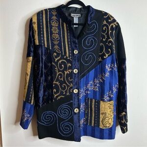 Indigo Moon Blue Gold Embroidered Vintage 90s Jacket Womens 1X Art Phoebe Buffay